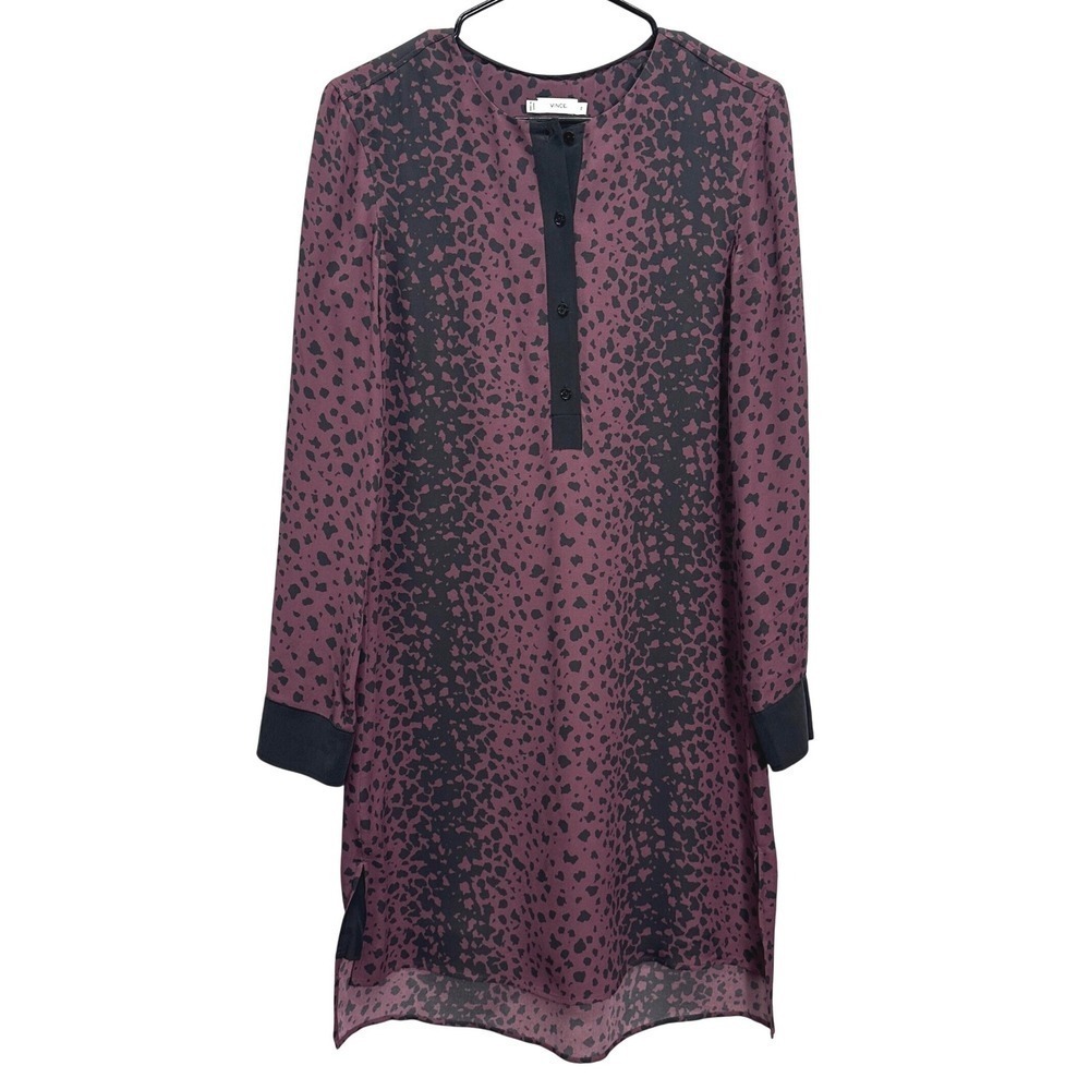 Vince Silk Animal Print Long Sleeve Button Front Shirt Dress Black Purple XS